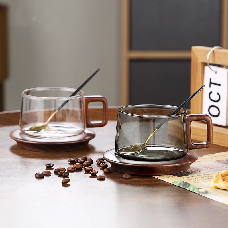 Espresso Cup Saucer - Mug Kopi Gagang Kayu dengan Sendok