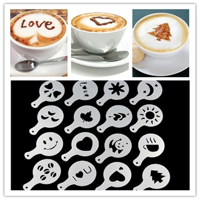Coffee Stencil Art - Cetakan kopi Latte, 16 buah/set cetakan